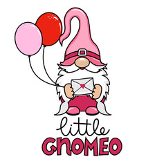 Poster - Little Gnomeo - Happy Valentine's Day gnome with  pink balloons and love letter. Nordic magic dwarf. Cute holidays Elf with hat. Vector illustration for love day