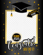 Class of 2023 - Graduation party photo booth prop. Photo frame for graduation with cap and confetti. Congratulations graduates concept with black and gold lettering. 