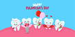 Happy Valentine's Day - Tooth  characters in kawaii style. Hand drawn Toothfairy with funny quote. Good for school prevention posters, greeting cards, banners, textiles.