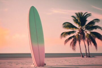 Poster - Surfboard and palm tree on sunset tropical beach. Generative AI