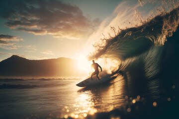 Wall Mural - Silhouette of a surfer rides a wave in the sunset - AI generative