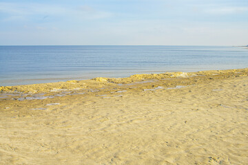 Wall Mural - sandy shore with ice and water. View of the winter beach