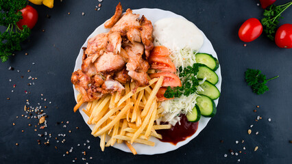 Sticker - Chicken fillet with french fries, tomatoes, cabbage, cucumbers, ketchup and mayonnaise.