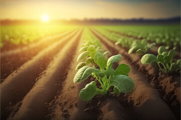 Wall Mural - Background with a field of young radish plantations, radish growing in the garden farming. generative AI
