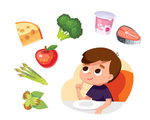 Boy thinking, considering healthy eco food sitting at the table. Child choosing meal for breakfast, lunch. Boy choose what to eat for supper, dinner or snack. Hungry kid have a meal.