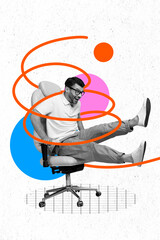Aufkleber - Creative photo 3d collage artwork poster picture of crazy office man sitting riding comfy chair have fun isolated on painting background