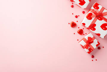 Wall Mural - Valentine's Day concept. Top view photo of gift boxes with ribbon bows heart shaped candies and sprinkles on isolated light pink background with copyspace