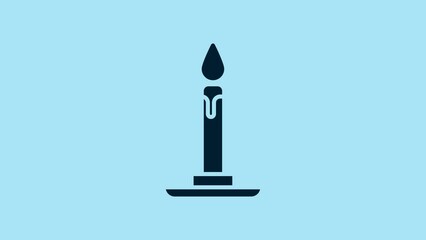 Wall Mural - Blue Burning candle in candlestick icon isolated on blue background. Cylindrical candle stick with burning flame. 4K Video motion graphic animation