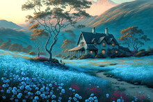 Fantasy Landscape With Cottage In The Blomming Valley. Blue Tones. Digital Painting.