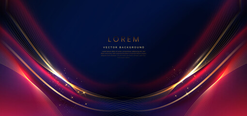 Luxury red cuved and gold lines on drak blue background with lighting effect sparkle. Template premium award design.