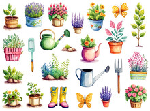 Watercolor Set Of Gardening Tools, Flowers And Plants