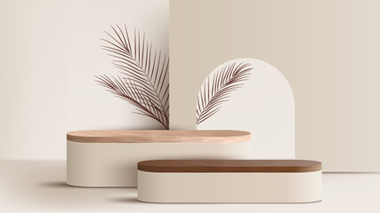 3D realistic wooden podium platform stand decoration with brown palm leaves backdrop