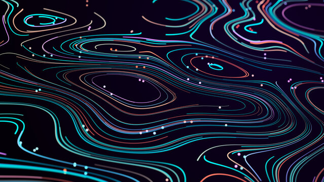 Abstract digital background from rounded colored lines. Information flow space. Big data visualization. 3D rendering.