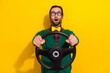 © deagreez - Photo of young driver gentleman handsome man wear trendy jumper stressed scared car accident hold steering wheel isolated on yellow color background