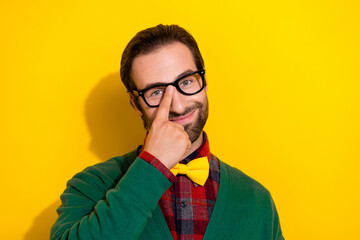 Sticker - Photo portrait of young attractive male touch fix adjust specs intelligent dressed stylish green outfit isolated on yellow color background