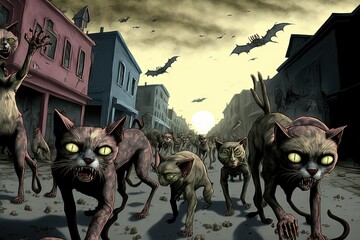 Canvas Print - Zombie cats illustration generative ai