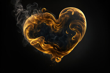  Gold heart symbol made of smoke, Abstract openwork heart made of smoke and gold. AI