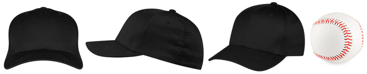 Wall Mural - set collection of blank empty black baseball cap template in different angles isolated white backgro