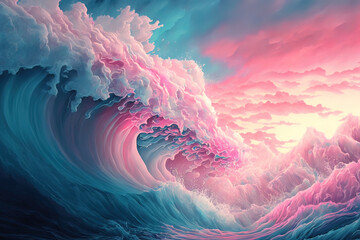 Wall Mural - Delicate abstract pastel background with clouds and waves. Head and pink liquid fluid art. AI