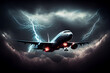 Passenger plane fly through a thunderstorm. AI Generated