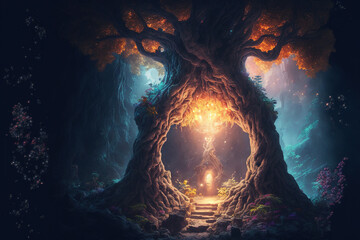 Sacred fantasy tree of life with afterlife portal gate leading to divine mystery . Home shrine of ancient astral soul in deep dark chakra forest at beautiful night . Admirable Generative AI image .