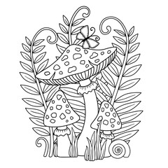 Vector coloring book page for adult. Black and white illustration of an amanita mushrooms, shell and butterfly among plants