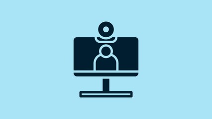 Poster - Blue Video chat conference icon isolated on blue background. Computer with video chat interface active session on screen. 4K Video motion graphic animation