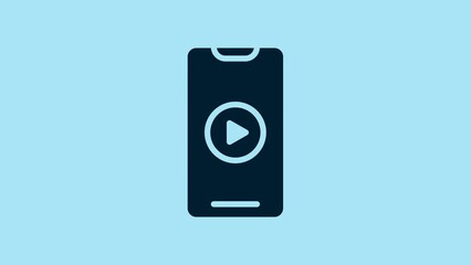 Poster - Blue Online play video icon isolated on blue background. Smartphone and film strip with play sign. 4K Video motion graphic animation