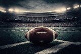 Fototapeta Sport - nfl, ball on ground with stadium background, goal, wide angle, Made by AI,Artificial intelligence
