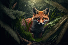 A Fox Is Hiding Behind The Leaves In The Old Forest. Generative AI. Lovely Fox Wallpaper.