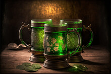 Three Backlit Ornate Glass And Metal Green Beer Mugs With Four Leaf Clover Decorations On A Wooden Table To Celebrate St Patrick's Day