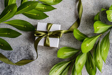 Gift Box With Ribbon And Ruscus Plant Leaves