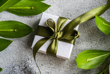 Gift Box With Ribbon And Ruscus Plant Leaves