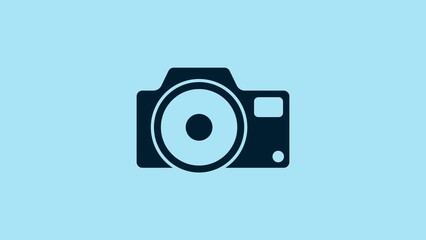 Poster - Blue Photo camera icon isolated on blue background. Foto camera icon. 4K Video motion graphic animation