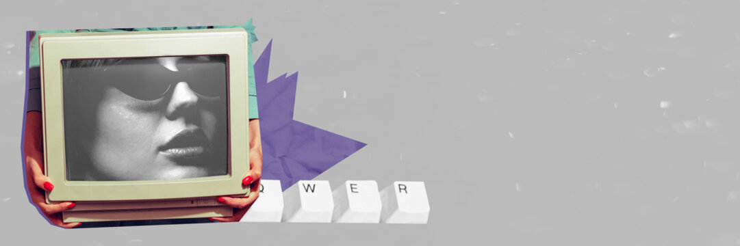 Contemporary art collage. Creative design. Beautiful woman inside retro computer screen. News. Banner. Concept of surrealism, imagination, creativity, modern artwork, abstract. Copy space for ad, text
