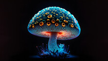 Glowing Magic Mushroom On Black Background, Neural Network Generated Art