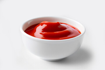 Delicious ketchup in white bowl isolated on white background. Portion of tomato sauce with clipping path. Collection of various sauces