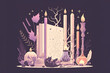 Occultism wicca style altar made of candles and crystal. Minimalist illustration in purple colors. Generative AI Illustration