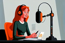 Illustration Of A Cartoon Lady With Orange Hair And Green Dress Talking Into A Microphone , For A Podcast.
Generative Ai