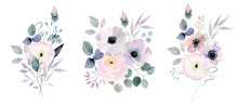 Cold Toned Delicate Flowers - Anemones, Ranunculus, Eucalyptus And Twigs. Watercolor Bouquets Clipart. Hand Drawn Floral Illustration. Perfect For Print And Screen, Invitation Or Greeting Card.