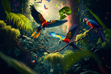 Illustration Of A Tropical Rainforest With Parrots,generative Ai