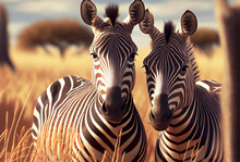 Portrait Of Two Zebras. Wild Animal In Nature. Generative Ai Art.