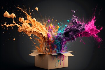 Cardboard box package surprise idea with colorful splash ink. Creative concept of out of the box thinking. Generative AI