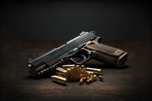 Hand Gun With Ammunition On Dark Background. 9 Mm Pistol Military Weapon And Pile Of Bullets Ammo At The Metal Table