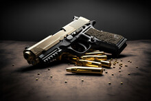 Hand Gun With Ammunition On Dark Background. 9 Mm Pistol Military Weapon And Pile Of Bullets Ammo At The Metal Table