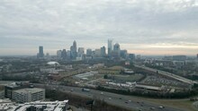 Rising Drone Shot Of Downtown Charlotte Skyline On Overcast Morning
