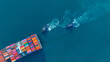 © Yellow Boat - Tub Boat with Stern of cargo ship carrying container and running for import goods from cargo yard port to custom ocean concept technology transportation , customs clearance. top view