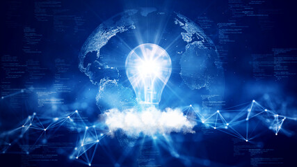 Poster - business idea creative concept technology. Light bulb glowing in the abstract world above clouds Polygons and binary code on dark blue background.