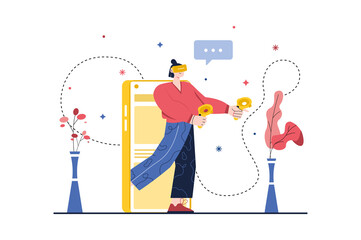 Aufkleber - Metaverse concept with people scene in the flat cartoon style. Man plays in cyberspace, which he entered with the help of a phone and pair of glasses.