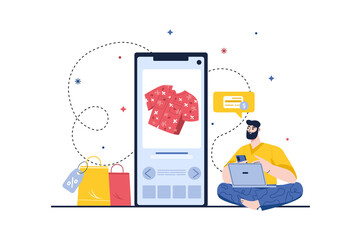 Aufkleber - Online shopping concept with people scene in the flat cartoon design. Man chooses clothes with discounts on the Internet and orders home delivery.